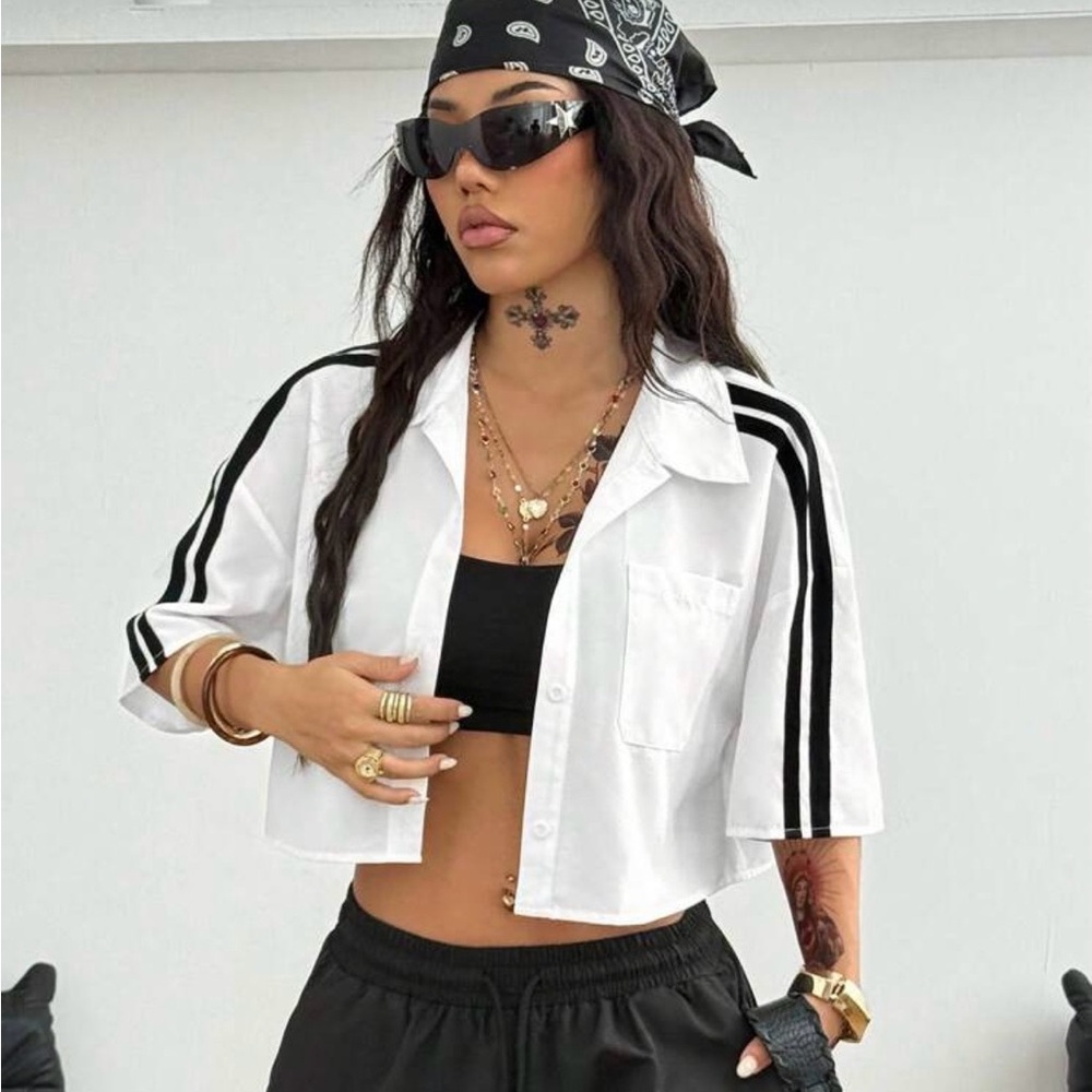 White Cropped Shirt with Black Stripes